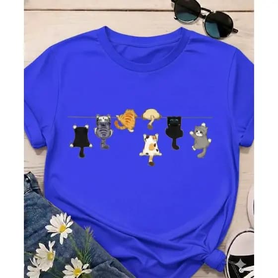 Camisa Básica Feminina Gatinhos Fofos Estampa Moderna Camiseta Manga Curta Gola Redonda Moda Verão Apaixonados por Gatos