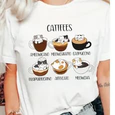 Camisa Básica Feminina T-shirt Estampada Cattfees Gato Fofo Café Camiseta Gola Redonda Manda Curta Primavera Verão