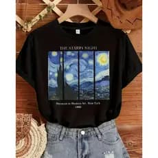 Camiseta Feminina Estampada Obra de Van Gogh Noite Estrelada Camisa Manga Curta Casual Básica