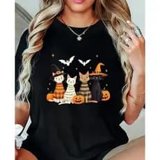 Camisa Manga Curta Unissex Estampada Festa de Halloween Gatos Aboboras Morcegos Camiseta Gola Redonda Primavera Verão