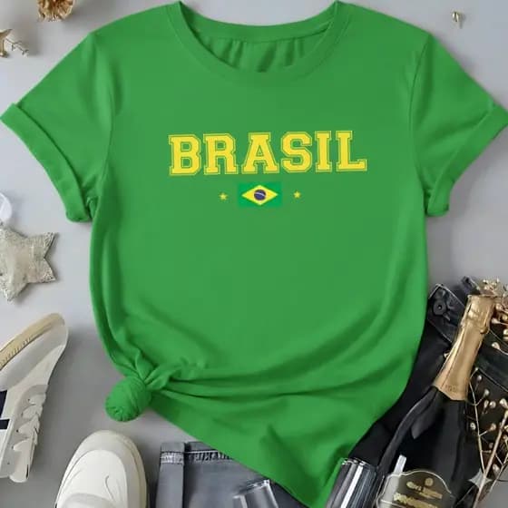 Camiseta Básica Casual Manga Curta Copa do Mundo Futebol Brasileiro Estampa Delicada Unissex Moda  Verão 100% Algodão