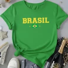 Camiseta Básica Casual Manga Curta Copa do Mundo Futebol Brasileiro Estampa Delicada Unissex Moda  Verão 100% Algodão