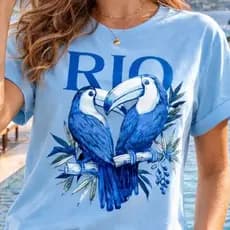 Camisa Estampada Moda Praia Rio Tucanos Azul Verão 100% Algodão Camiseta Básica Feminina Manga Curta