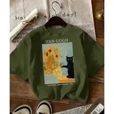 Camiseta Feminina Gato Preto Girassóis Arte Van Gogh Super Estilosa Camisa Manga Curta Primavera Verão 100% Algodão