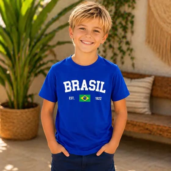 Camiseta Infantil Brasil Unissex Azul Bic 100% Algodão Premium Estampa Copa Seleção Confortável Moda Verão