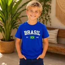 Camiseta Infantil Brasil Unissex Azul Bic 100% Algodão Premium Estampa Copa Seleção Confortável Moda Verão