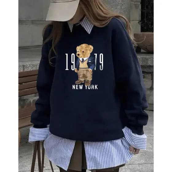 Moletom Feminino Algodão Flanelado Sem Capuz Urso Bear Blusa De Frio Tendência Casual Blogueira Casaco