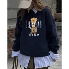 Moletom Feminino Algodão Flanelado Sem Capuz Urso Bear Blusa De Frio Tendência Casual Blogueira Casaco