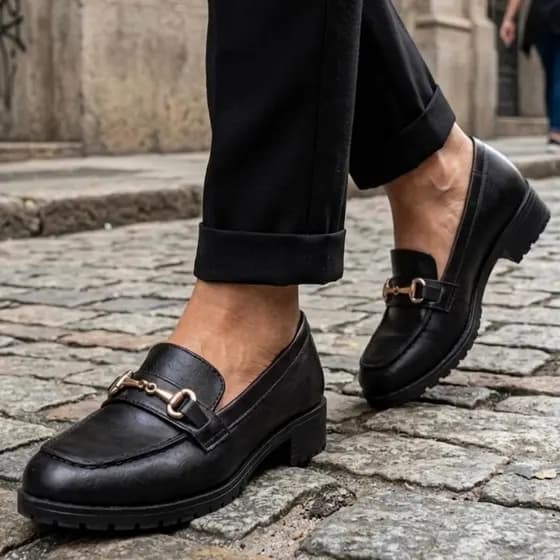 Sapato Mocassim Feminino Casual Confortável Com Fivela Dourada Elegante