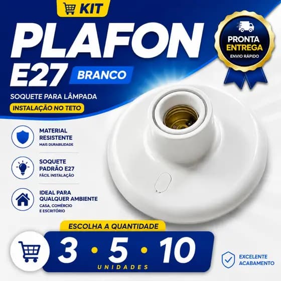Plafon Simples Soquete E27 Branco para Teto Plafonier  Bivolt Redondo 3 5 ou 10 Unidades Expedição
