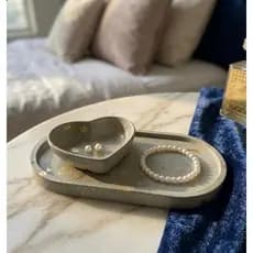 Kit Porta Joias Bandeja Oval e Bowl Coração Com Flocos Dourado E Prata Luxo