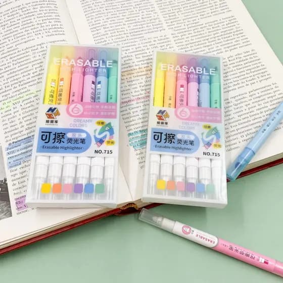 Kit Marca Texto Apagável  6 Cores Pastel Kwaii Caneta Marca Texto Apaga Ponta Dupla