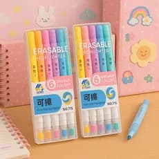 Kit 6 Marca Texto Apagável Ponta Dupla Caneta Marca Texto Seis Cores Kawaii