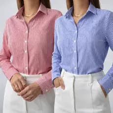 Camisa Social Manga Longa Feminina Crepinho Listrado Elegante Casual Trabalho Moda Feminina