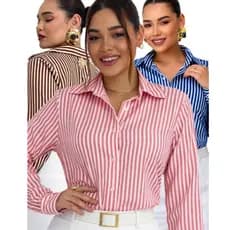 Camisa Listrada Manga Longa Social Feminina P ao GG Tecido Crepinho Casual Elegante Blusa Botão