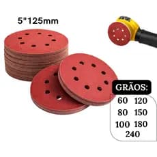 Kit Disco de Lixa Com Velcro 125mm 8 Furos Lixadeira Orbital Circular Madeira Acabamento