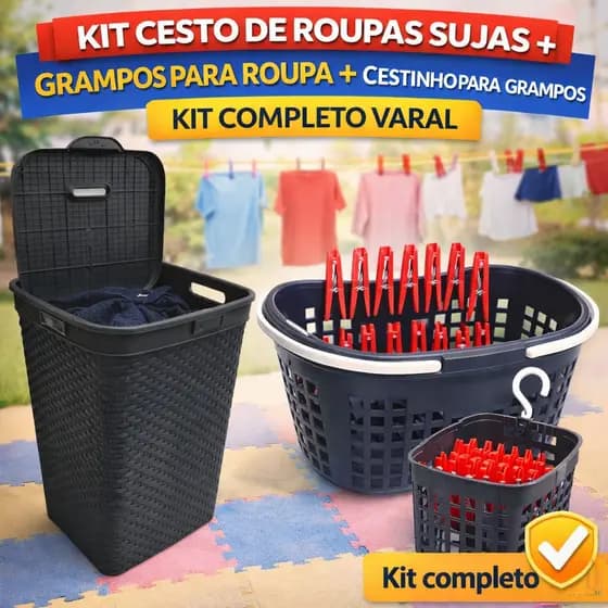 Kit Cesto de Roupas Suja Grande 72L + Cesto com Alça + 12/24 Prendedores Plástico Resistente Varal Lavanderia Banheiro