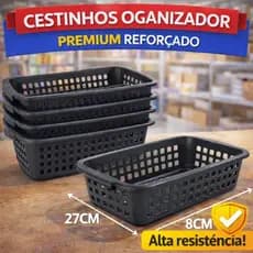 Cesto Organizador Plástico Premium Preto Multiuso Cozinha Banheiro Empilhável Resistente