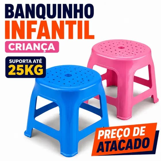 Banquinho Atacado Infantil Plástico Reforçado Resistente Criança Até 18cm Azul e Rosa