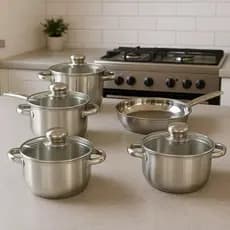 Conjunto Panelas Inox com 5 Peças vidro temperado Cozinhar Preparo de Alimentos Qualidade