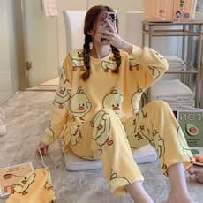 Conjunto de Pijama de Flanela de Inverno para Mulheres, em Fleece Coral, Manga Longa, Estampa de Desenho Animado, Roupas