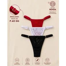 Kit com 3 Tangas em Renda Com Regulagem Forro 100% Algodao Dia dos Namorados ad