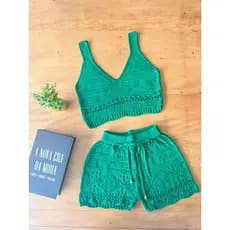Conjunto Saída de Praia Tricô Feminina Verão 2025 Moda Short e Top Rendado Crochê Tendência