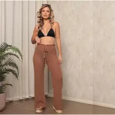 Calça Saída de Praia Crochê Tricot Feminina Lisa Moda Tendência Verão Pantalona Piscina Luxo