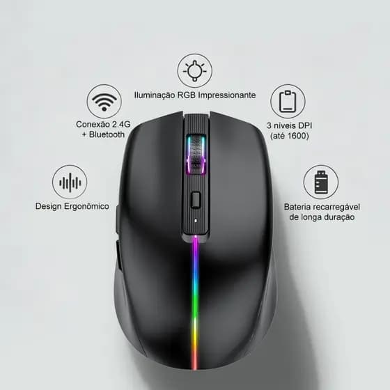 Mouse Bluetooth sem fio de três modos com bateria de 500 mAh, clique silencioso e recursos de suspensão inteligente