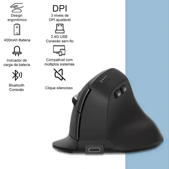 Mouse Sem Fio Wireless Recarregavel  2,4GHz Bluetooth Bateria Interna Ergonômico