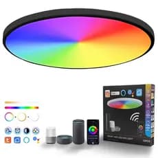 Luminária de teto redonda inteligente RGB com Wi-Fi para sala de estar, luminária de teto RGB de cores plenas, preta.