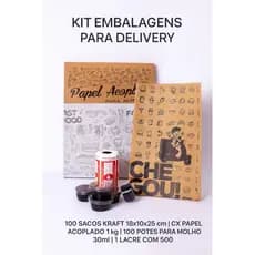 Kit Embalagens para delivery, 100 Sacos kraft 18x10x25cm, 1Kg papel acoplado, 500 Lacre segurança, 100 Pote para molho