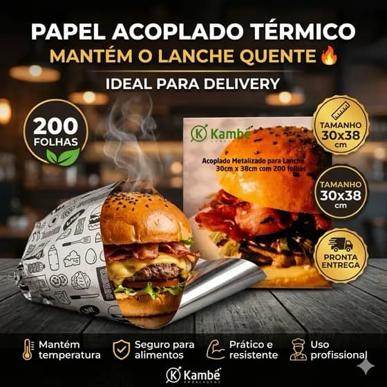200 Folhas Papel Acoplado Termico Metalizado para Lanche e alimentos ideal para delivery