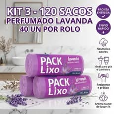 Saco De Lixo Perfumado Lavanda 120 Unidades Kit 3 Rolos 10L Pia Banheiro Cozinha Anti Odor 34x38
