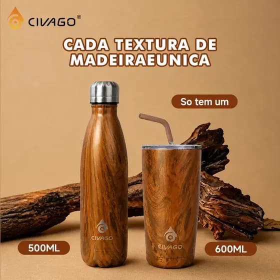 CIVAGO Copo Térmico Inox 500-600ml Acabamento em Textura de Madeira com Tampa e Canudo para Bebidas Quentes e Frias