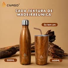 CIVAGO Copo Térmico Inox 500-600ml Acabamento em Textura de Madeira com Tampa e Canudo para Bebidas Quentes e Frias