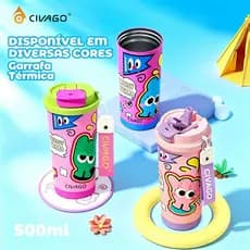 CIVAGO Copo Térmico 500ml Inox 316 Alça Tecido Estampa Fofa Tampa2em1 Antivazamento Canudo Quente/Frio BPA Free Infantil