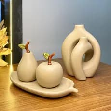 Kit Vaso Duplo + Conjunto Macã, Pêra e Bandeja - Cerâmica Decorativo - Aparador/Sala/Hall