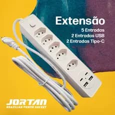Filtro de linha Extensão 5 Tomadas 2m C/ 2 Entrada Usb 2 Entrada Type C Bivolt Régua Elétrica Tomada