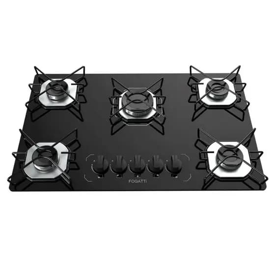 Cooktop Fogatti à Gás FGT 5 Bocas Vidro Preto Flange Inox Bivolt - Acendimento Automático