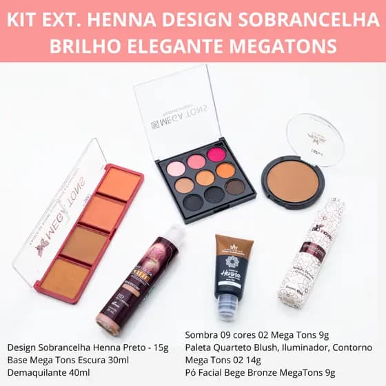 Kit Maquiagem Completo Paleta Sombras + Blush, Iluminador, Contorno + Pó Facial + Henna Pronta Uso + Base + Demaquilante