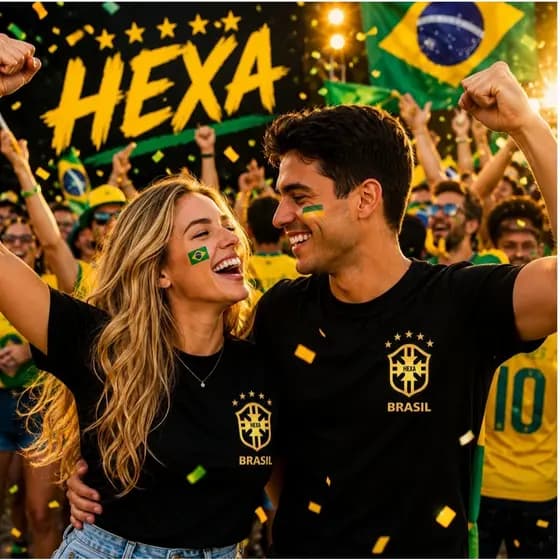 Kit Casal Brasil Hexa Copa do Mundo Camisetas Masculina e Feminina Torcedor Seleção Brasileira