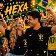 Kit Casal Brasil Hexa Copa do Mundo Camisetas Masculina e Feminina Torcedor Seleção Brasileira