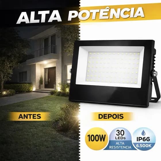 Refletor 100W Refletor 50W Refletor 200W LED IP66 Branco Frio 6500K Bivolt Slim Alta Potencia Provadagua Externo Pro