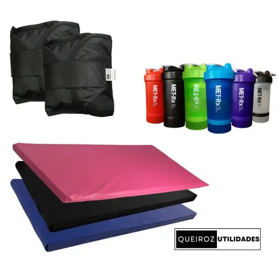 Desconto Kit Academia em Casa – Garrafa + Um Colchonete + Par de Caneleira 1KG | Treine Onde e Quando Quiser! - Promoção