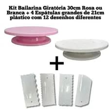 Kit Bailarina Giratória 30cm e 4 Espátulas Grandes com 12 Desenhos Para Confeitaria Bolo e Doce