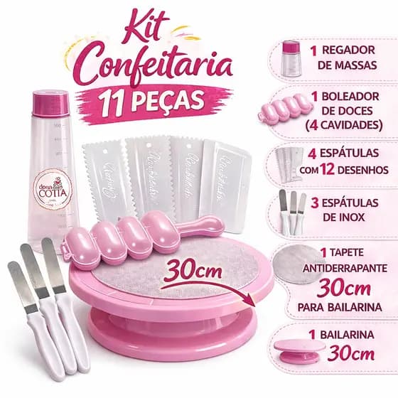 Kit Confeitaria 11 Peças Bailarina 30cm Espátulas Inox Boleador Regador Tapete Completo Bolo