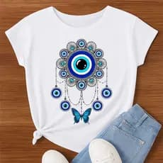 Camiseta "olhos mandala gregos e borboleta"100% algodão, design espiritual e elegante para qualquer ocasião