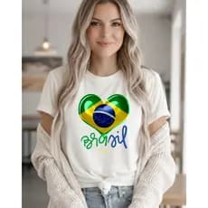 Camiseta Camisa Seleção Blusa Feminina Algodão T-Shirt Brasil Coração Copa do Mundo Estampada