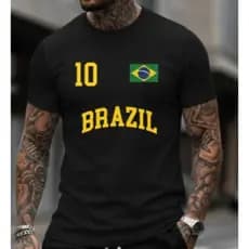 ⚽ Camiseta básica 100% algodão com número 10, bandeira e texto "BRAZIL" para torcedores da seleção brasileira